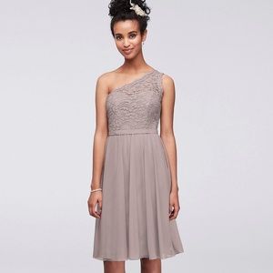 David’s Bridal Beige One Shoulder Lace Bridesmaids Dress 8